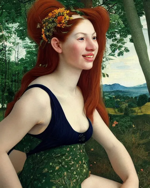 Image similar to a happy, modern looking young woman looking over shoulder, wonderful dress, among the lights of golden fireflies and nature, long loose red hair, intricate details, green eyes, small nose with freckles, triangle shape face, smiling, golden ratio, high contrast, hyper realistic digital art by artemisia lomi gentileschi and caravaggio and artgerm.