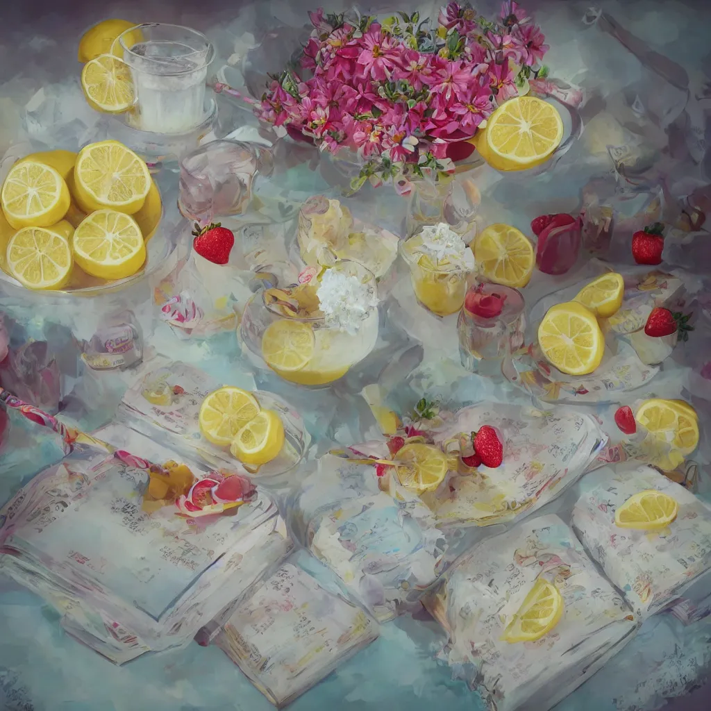 Image similar to lemon cold drink, ice cream, strawberry embellishment, books and flowers, trending on studio ghibli, dreamy, soft, global illumination, radiant light, intricate environment, luminescence, highly detailed, 8 k