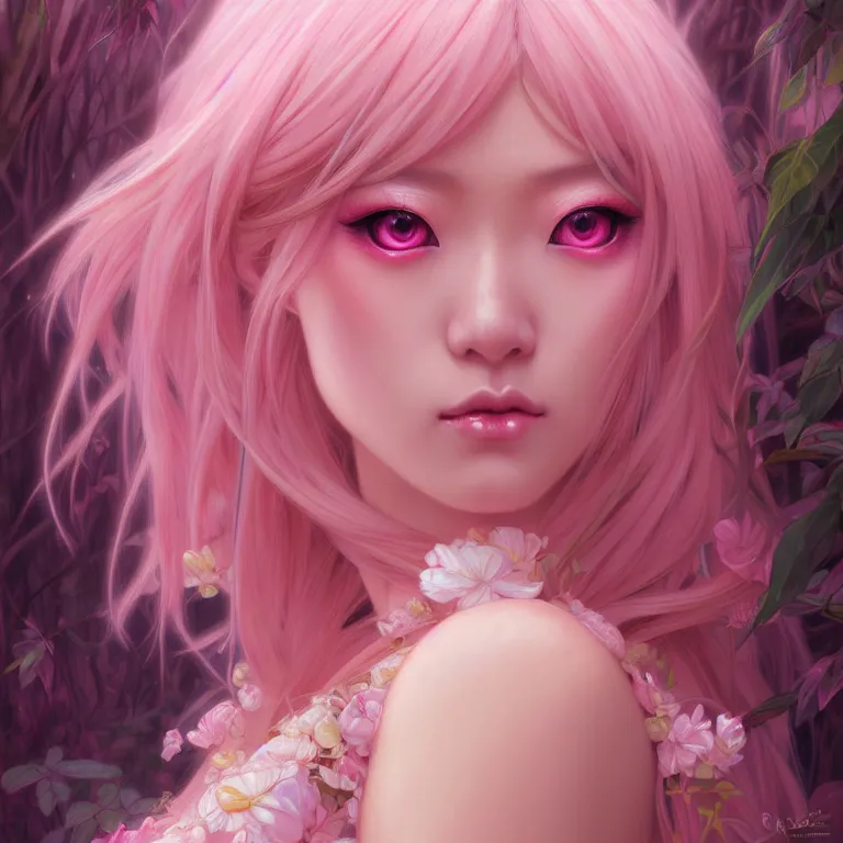 Prompt: Portrait of japanese gyaru, D&D, pink eyes, face, fantasy, intricate, elegant, in pink forest, highly detailed, digital painting, artstation, concept art, smooth, sharp focus, illustration, art by artgerm and greg rutkowski and alphonse mucha