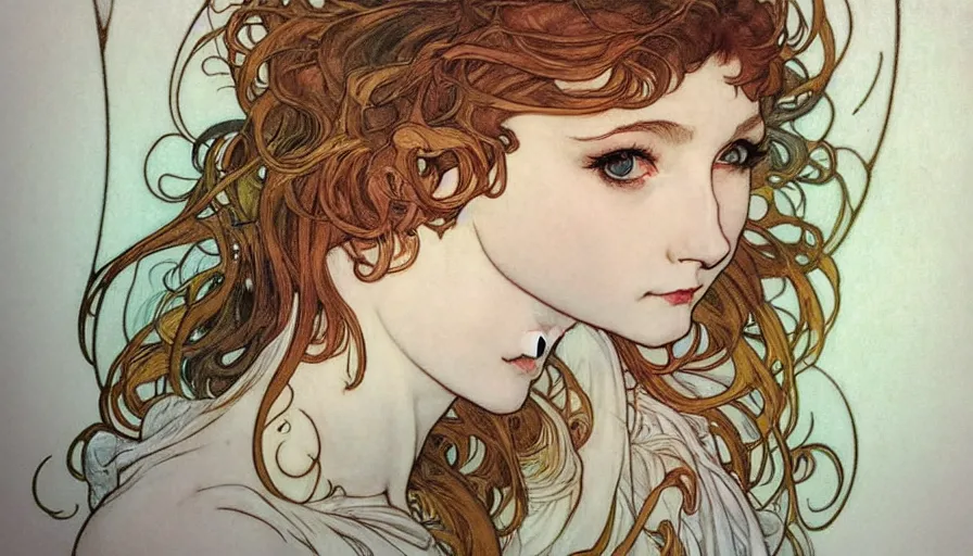 Prompt: in the style of artgerm, arthur rackham, alphonse mucha, evan rachel wood, symmetrical eyes, symmetrical face, flowing white dress, warm colors