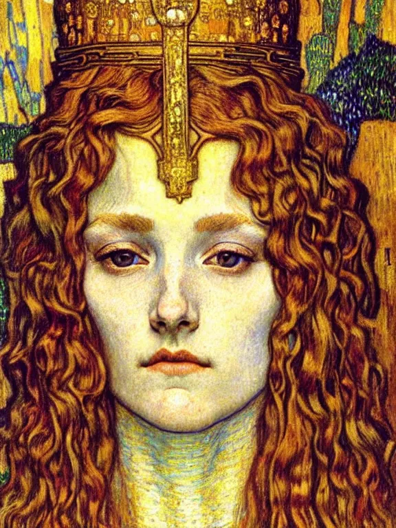 Image similar to detailed realistic beautiful young medieval queen face portrait by jean delville, gustav klimt and vincent van gogh, art nouveau, symbolist, visionary, gothic, pre - raphaelite, muted earthy colors, desaturated