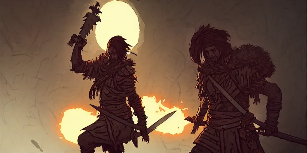 Prompt: warrior character, idle pose, sword, sprite, darkest dungeon, pc game, sideview, art by moebius and greg rutkowski.