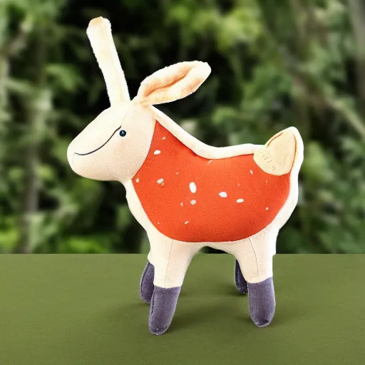 Image similar to a happy deer plush doll with forest background