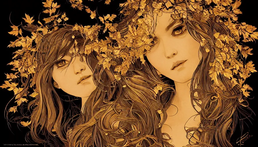 Image similar to golden leaves at frame border, moon, creative!!! composition for a book cover!!!, absurdly beautiful, ultrafine hyperrealistic detailed old!! witch face by wlop and artgerm and alphonse mucha, intricate linework, sharp focus, smooth, octopath traveler, final fantasy, unreal engine, dramatic lighting, ethereal, 8 k