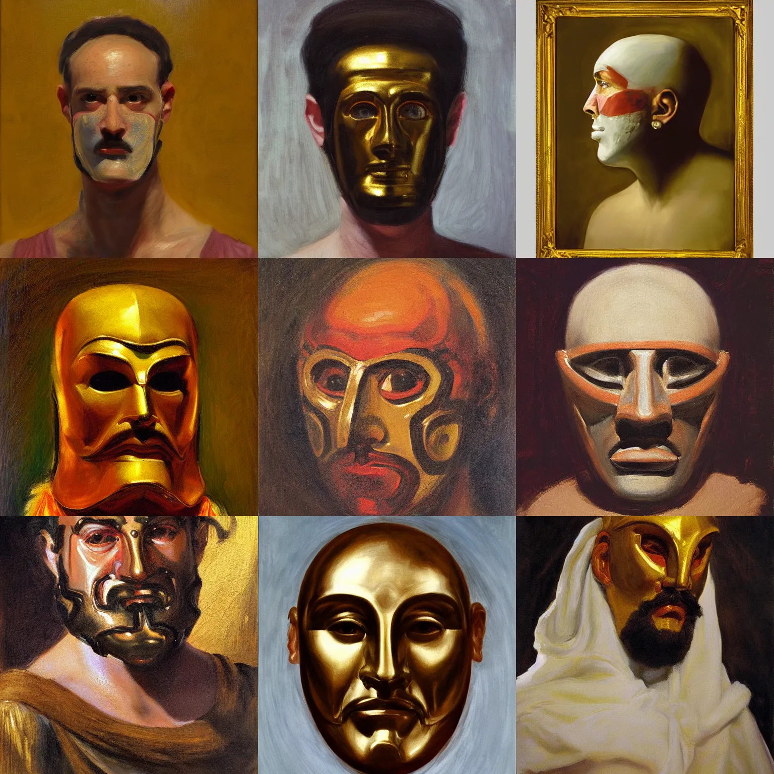 Prompt: portrait of the mask of agamemnon, hyperrealistic, in the style of john singer sargent, oil painting