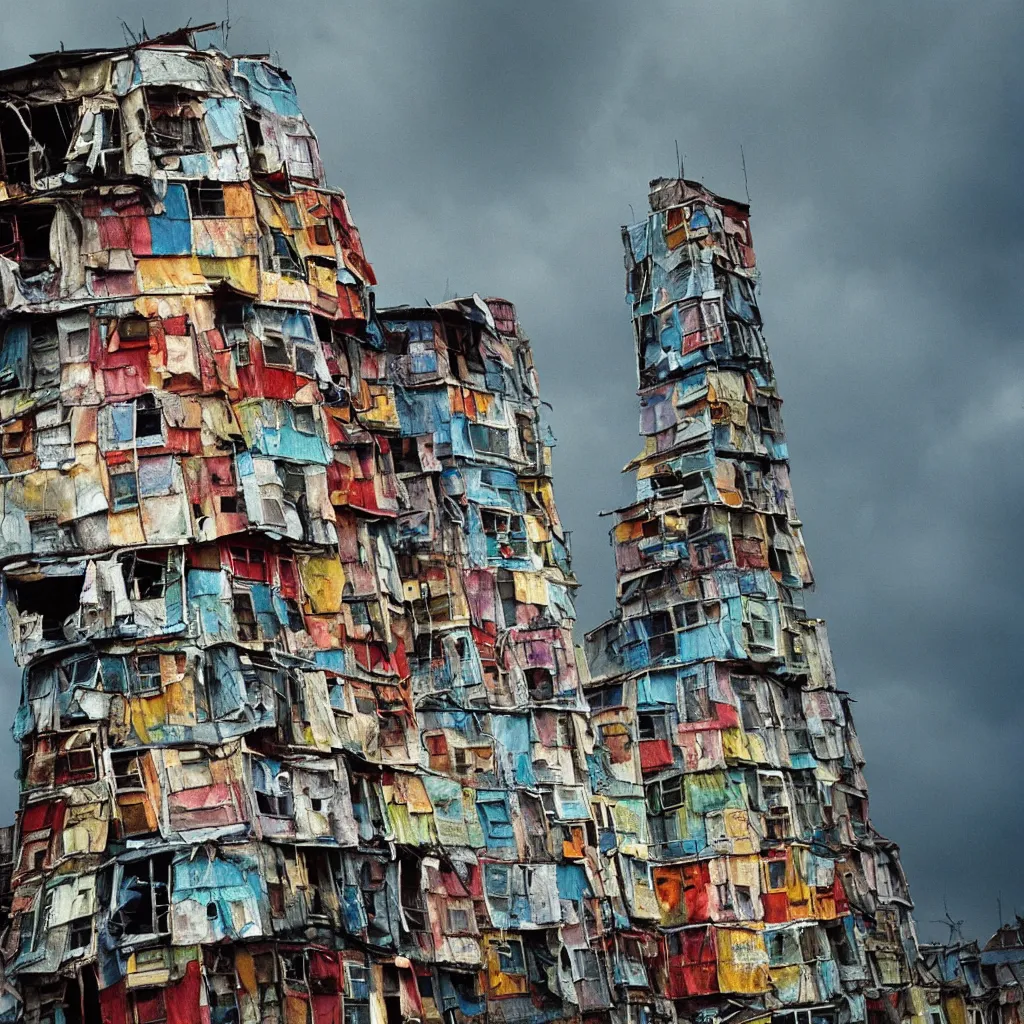 Image similar to close - up view of a tower made up of colourful makeshift squatter shacks, bleached colours, moody cloudy sky, dystopia, mamiya rb 6 7, very detailed, photographed by bruno barbey and brett whitely