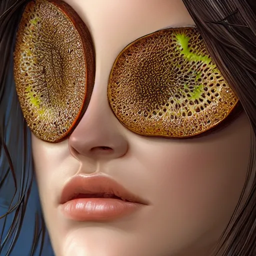 Image similar to close up of female model with kiwifruit slices covering her eyes. 4K award winning photorealistic concept art. smooth, sharp focus, illustration, grunge tech, art by Hirō Isono, by artgerm and greg rutkowski Artgerm 8k