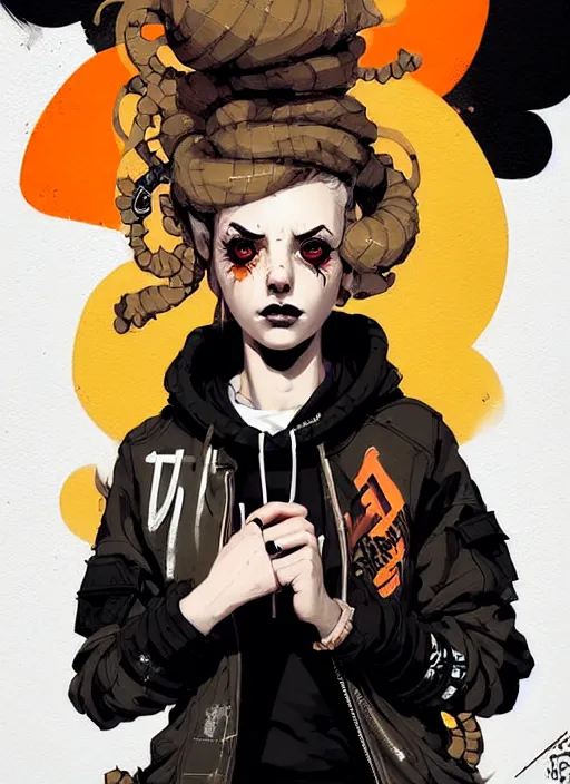 Image similar to highly detailed portrait of a sewer punk lady, tartan hoody, blonde ringlet hair by atey ghailan, by greg rutkowski, by greg tocchini, by james gilleard, by joe fenton, by kaethe butcher, gradient orange, black, blonde cream and white color scheme, grunge aesthetic!!! ( ( graffiti tag wall background ) )