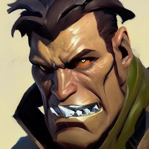 Image similar to greg manchess close - up portrait painting of a handsome older male dieselpunk orc with olive green skin as an overwatch character, medium shot, asymmetrical, profile picture, organic painting, sunny day, matte painting, bold shapes, hard edges, street art, trending on artstation, by huang guangjian and gil elvgren and sachin teng