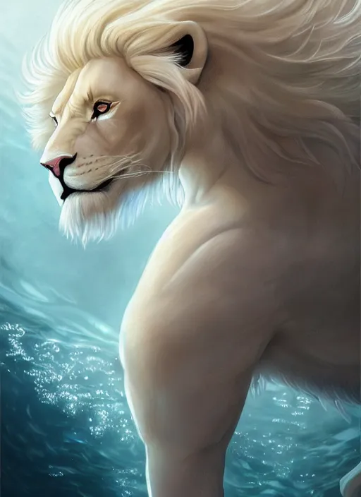 Prompt: award winning beautiful portrait commission of a muscular male furry anthro albino lion drowning underwater while wearing white silky flowy cloth with beautiful hyperdetailed face. Character design by charlie bowater, ross tran, and makoto shinkai, detailed, inked, western comic book art