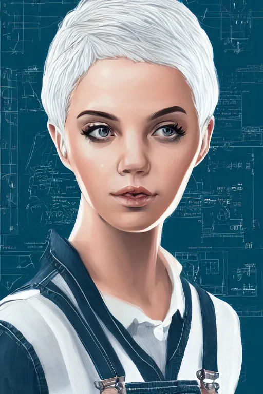 Image similar to portrait of an engineer girl with short white hair, wearing overalls, medium shot, portrait, concept art, vector line art, natural lighting, illustration, highly detailed, artstation,