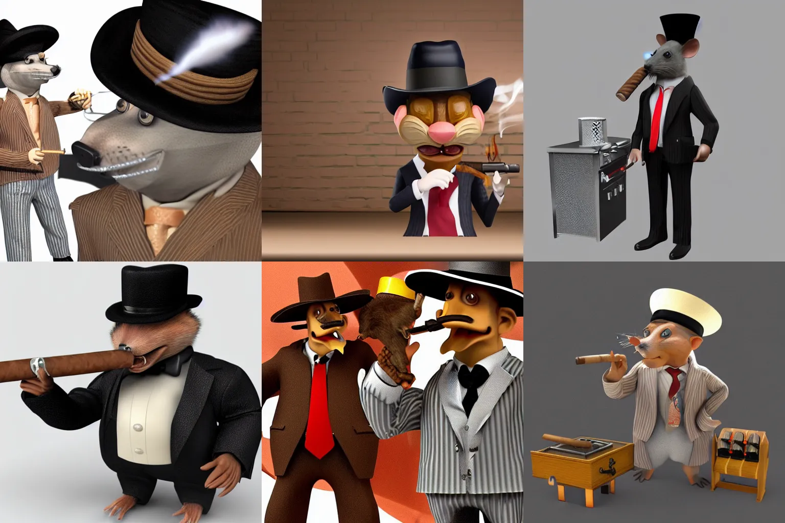 Prompt: 3d model of a male rat wearing a pinstriped suit and mafia-style hat, smoking a cigar and holding a semi-automatic submachine gun