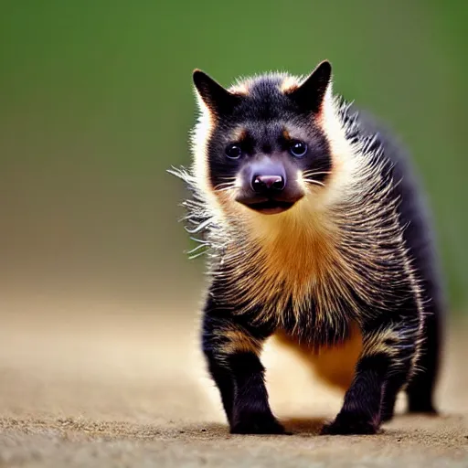 Image similar to a honeybadger - cat - hybrid with a beak, animal photography, wildlife photo