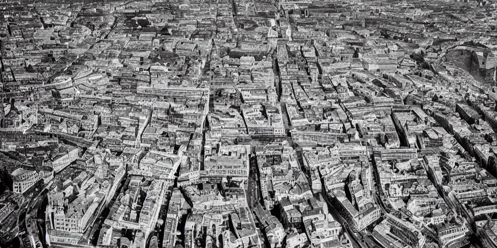 Prompt: a renaissance city imagined by Ludwig Hilberseimer , bird's eye view, cinematic full shot, high res, 35mm film black and white photograph