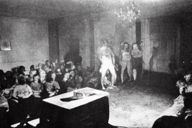 Prompt: found footage of a room of people staring at a live demon, eerie