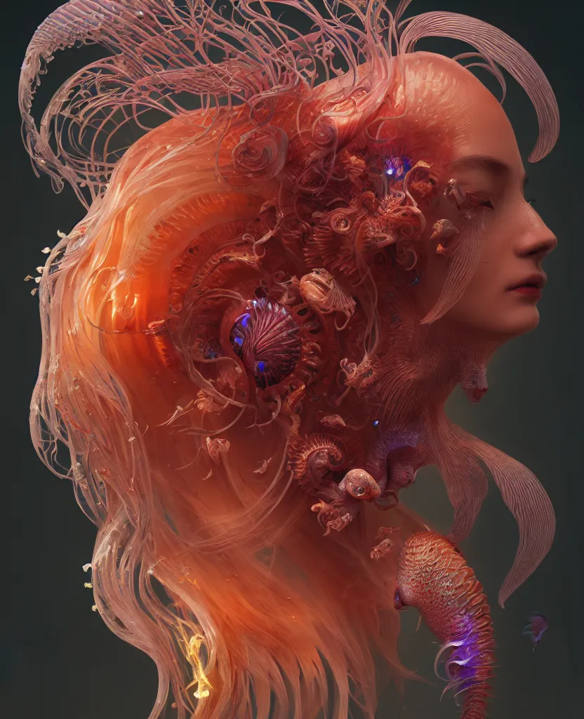 Image similar to goddess close-up face portrait. chimera orchid jellyfish phoenix head, nautilus, skull, betta fish, bioluminiscent creatures, intricate artwork by Tooth Wu and wlop and beeple. octane render, trending on artstation, greg rutkowski very coherent symmetrical artwork. cinematic, hyper realism, high detail, octane render, 8k