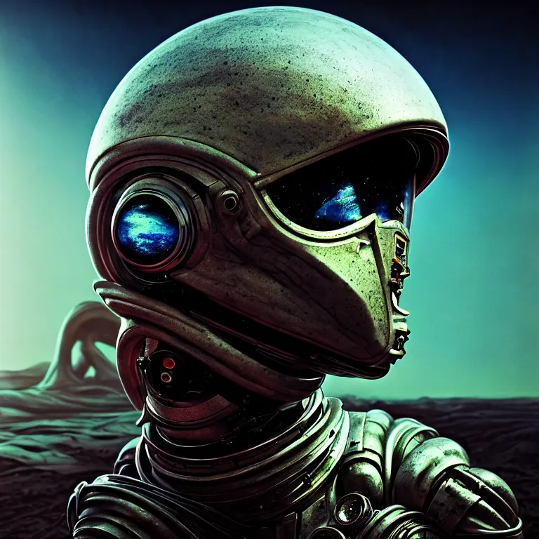 Prompt: surreal closeup portrait of alien astronaut in wastelands on exoplanet, lucid dream - like heavy atmosphere, baroque painting, harsh flash photo, perfect composition, detailed octane render trending on artstation, 8 k artistic photography, volumetric cinematic perfect light, chiaroscuro, masterpiece, raphael, caravaggio, beksinski, rutkowski, beeple