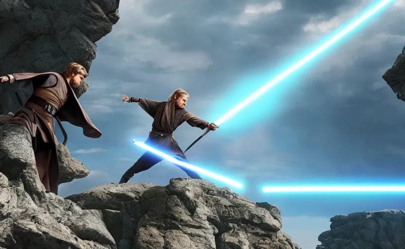 Image similar to anakin skywalker and obi wan kenobi engaging in an epic duel on a cliffside, epic, fantasy artwork, intense, cinematic, raytracing, dynamic lighting, 4 k