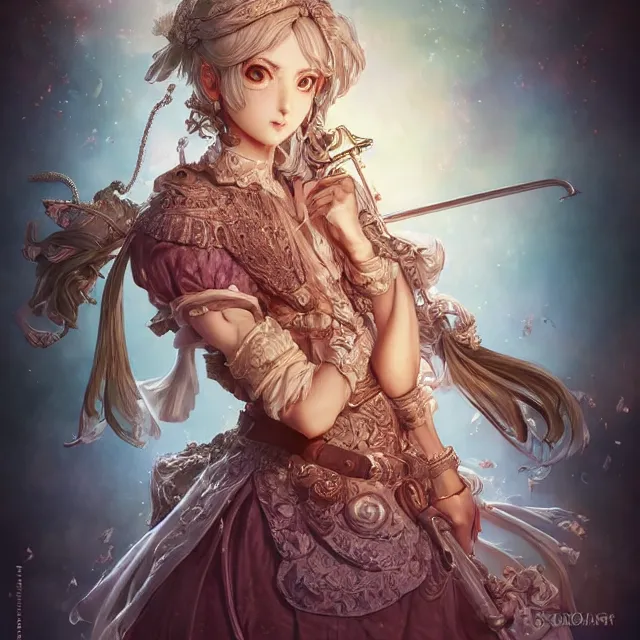 Prompt: portrait of neutral good colorful female cleric bard healer as absurdly beautiful, elegant, young skinny gravure idol, ultrafine hyperdetailed illustration by kim jung gi, irakli nadar, intricate linework, sharp focus, bright colors, octopath traveler, final fantasy, unreal engine highly rendered, global illumination, radiant light, detailed intricate environment