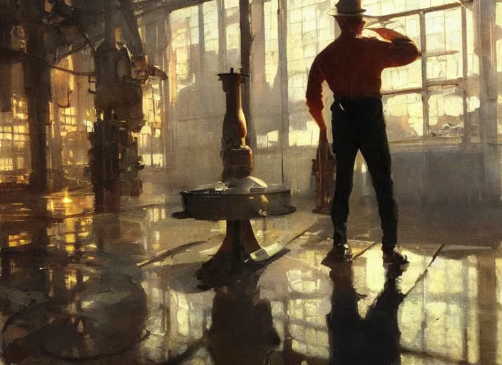 Image similar to oil painting of copper potstill in factory, art by anders zorn, wonderful art by greg rutkowski, beautiful cinematic light, american romanticism by greg manchess, reflections and refraction, sunlight