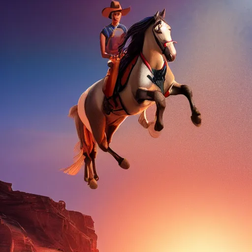 Prompt: spirit untaimed, horse from the movie next to a canyon riding in the sunset, movie poster, 8 k, trending on artstation, global illumination, volumetric shadows