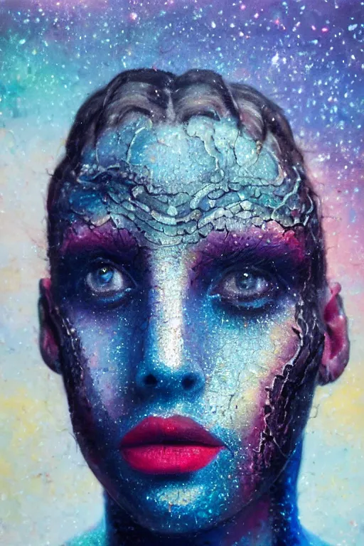 Image similar to hyperrealism oil painting, close - up portrait of face from a tangle of snakes fashion model, knight, street art gradient mixed with nebula sky, in style of baroque