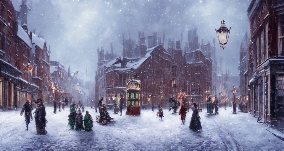 Image similar to snowy christmas victorian london, street scene, street level, whitechapel, hyperdetailed, artstation, cgsociety, 8 k