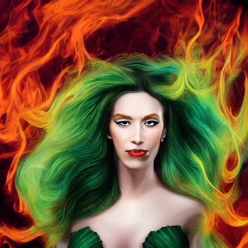 Image similar to portrait of a woman with long red hair and green eyes, flames swirl behind her, fantasy art