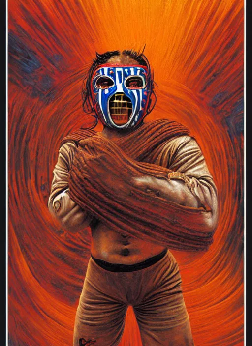 Image similar to poster of mexican old fighter, lucha libre, style poster illustration, by peter gric