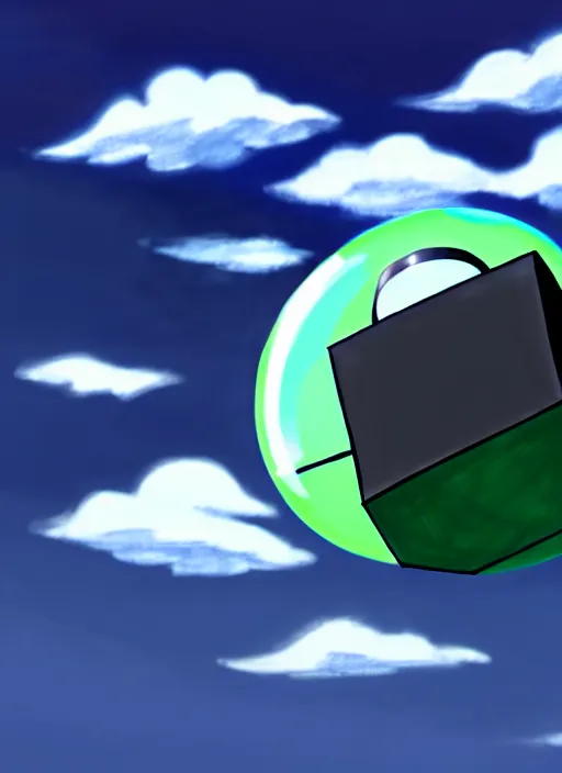 Image similar to an asymmetrical cell - shaded studio ghibli concept art study of a black cube inside a bubble in the sky. wide shot, very dull colors, hd, 4 k, hq