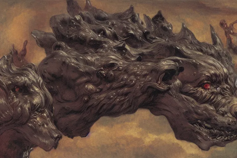 Image similar to hyperdetailed matte art of cerberus by william blake, ilya repin, amano, rene magritte, craig mullins, three headed dog, details