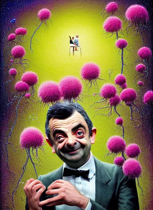 Prompt: hyper detailed 3d render like a Oil painting muted colors - slightly silly portrait of Rowan Atkinson crosseyed as Mr. Bean in Aurora seen tickling of the Strangling network of yellowcake aerochrome and milky Fruit and Her delicate Hands hold of gossamer polyp blossoms bring iridescent fungal flowers whose spores black the foolish stars by Jacek Yerka, Mariusz Lewandowski, Houdini algorithmic generative render, Abstract brush strokes, Masterpiece, Edward Hopper and James Gilleard, Zdzislaw Beksinski, Nicoletta Ceccoli, Wolfgang Lettl, hints of Yayoi Kasuma, octane render, 8k