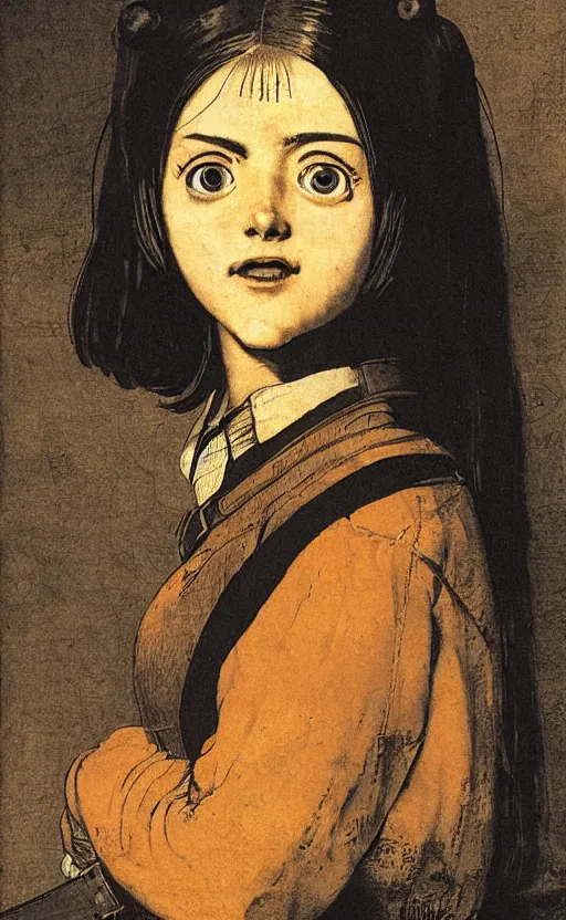 Prompt: school girl, battle angel alita. by rembrandt 1 6 6 7, illustration
