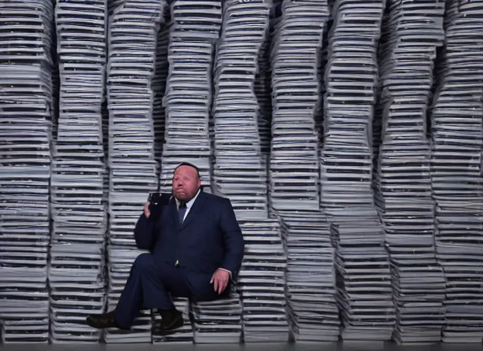 Prompt: dslr photo still of infowars host alex jones in a blue suit fat grey beard and mustache!!! sitting depressed!!! in a room filled to the ceiling with cell phones stacks of cell phones cell phones stacks cell phones filling the entire room, 5 2 mm f 5. 6