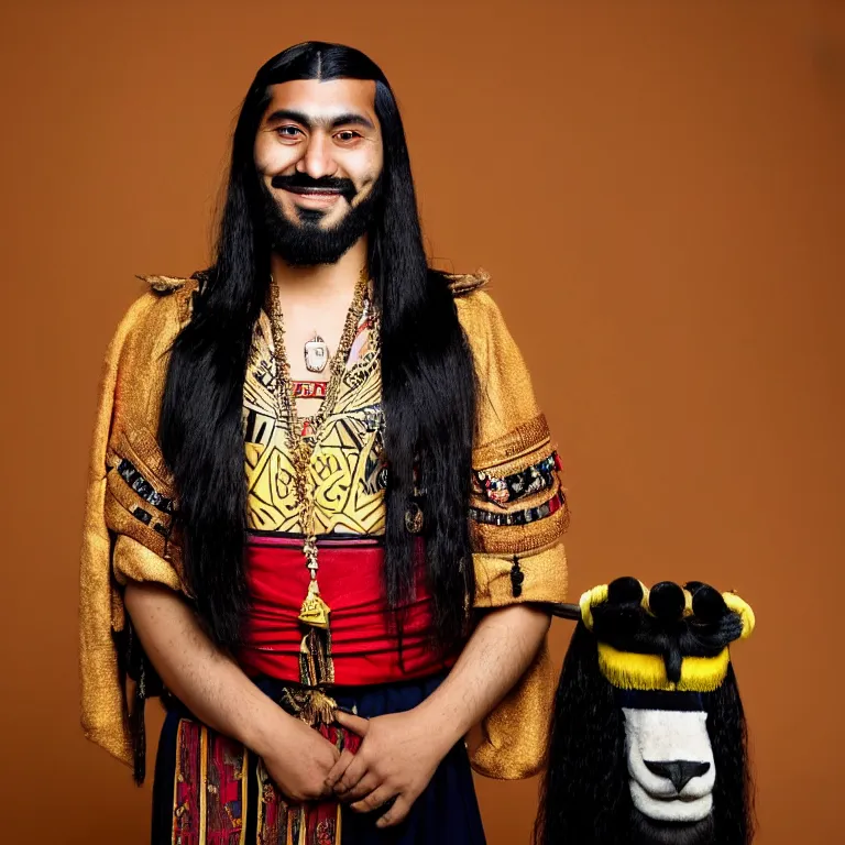 Prompt: A photo of Emperor Kuzco!!!!!!!!!!!!!!!! in his early 20s, peruvian looking, with his long black hair, facial hair shaved, smiling with confidence, and wearing!!! his emperor clothes. Portrait by Terry Richardson. Golden hour. 8K. UHD. Bokeh.