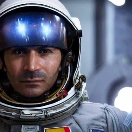 Image similar to close - up of a kurdish astronaut in a movie directed by christopher nolan, movie still frame, promotional image, imax 7 0 mm footage