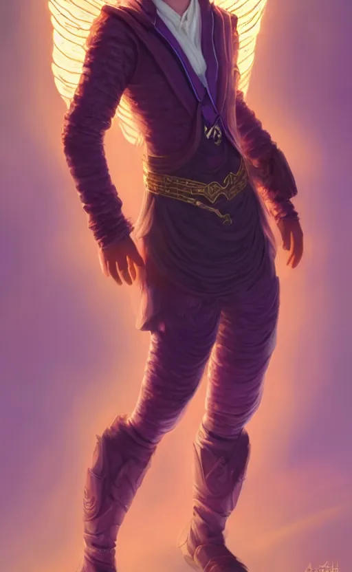 Prompt: a non - binary halfling with cropped hair, golden glowing angel wings on their back, wearing a purple smoking jacket, d & d, fantasy, intricate, elegant, highly detailed, digital painting, artstation, concept art, matte, sharp focus, illustration, art by artgerm and greg rutkowski