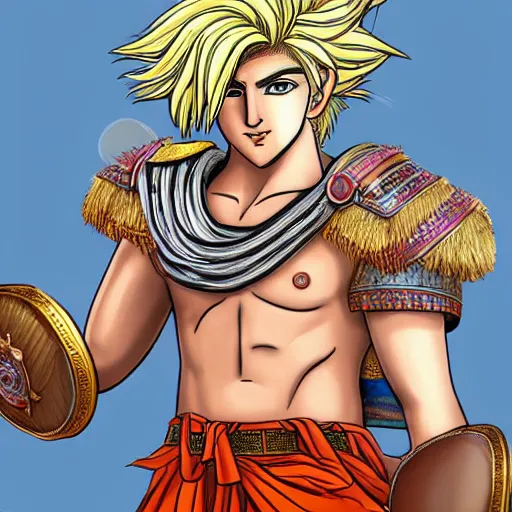 Image similar to photorealistic depiction of alexander the great, with blonde goku hair, style is realistic, colorful, real life