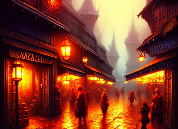 Prompt: a highly detailed bazaar street in the great city of waterdeep, amazing d & d digital painting by anato finnstark, brom digital art, intricate details, ultra realistic, beautiful art, volumetric lighting, ultrarealistic, by art germ, by brom, trending cgsociety, artstation, faerun theme, 8 k