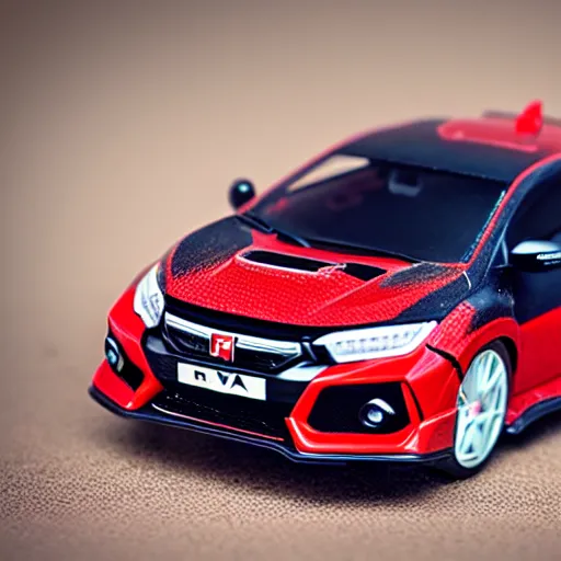 Prompt: civic type r fk 8 as a toy car on a wooden desk, focus shot, 1 0 5 mm, photo realistic