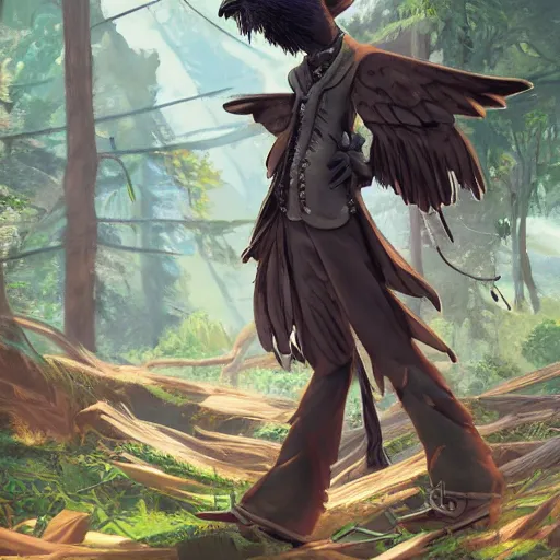 Image similar to concept art painting of an anthropomorphic humanoid crow, with steampunk clothes, in the deep forest, realistic, detailed, cel shaded, in the style of makoto shinkai and greg rutkowski and james gurney