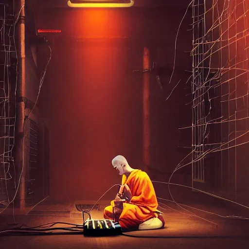 Prompt: a single monk kneeling with wires connecting him to a computer, nirvana, machines and wires everywhere, flashing neon lights, creepy, dark shadowy surroundings, dystopian scifi, horror, stefan koidl inspired, 4 k