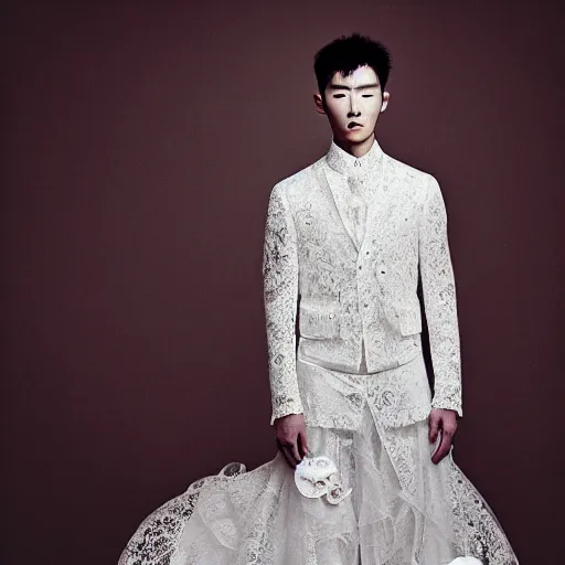 Prompt: a realistic detailed portrait of beautiful young korean male wearing a translucid lace wedding gown designed by alexander mcqueen, photographed by andrew thomas huang for a fashion editorial