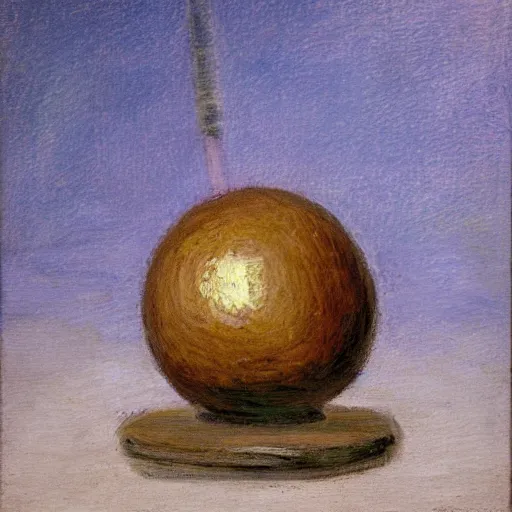 Image similar to impressionist painting of a spherical boulder on a pedestal with a match stick in its side, brown background