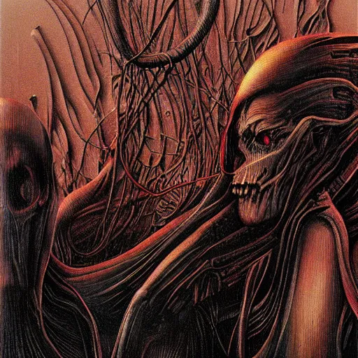 Image similar to skin flesh wires skulls, cyberpunk dystopia, in the style of hr giger, richard corben, zdzisław beksinski, moebius, hieronymus bosch and francis bacon