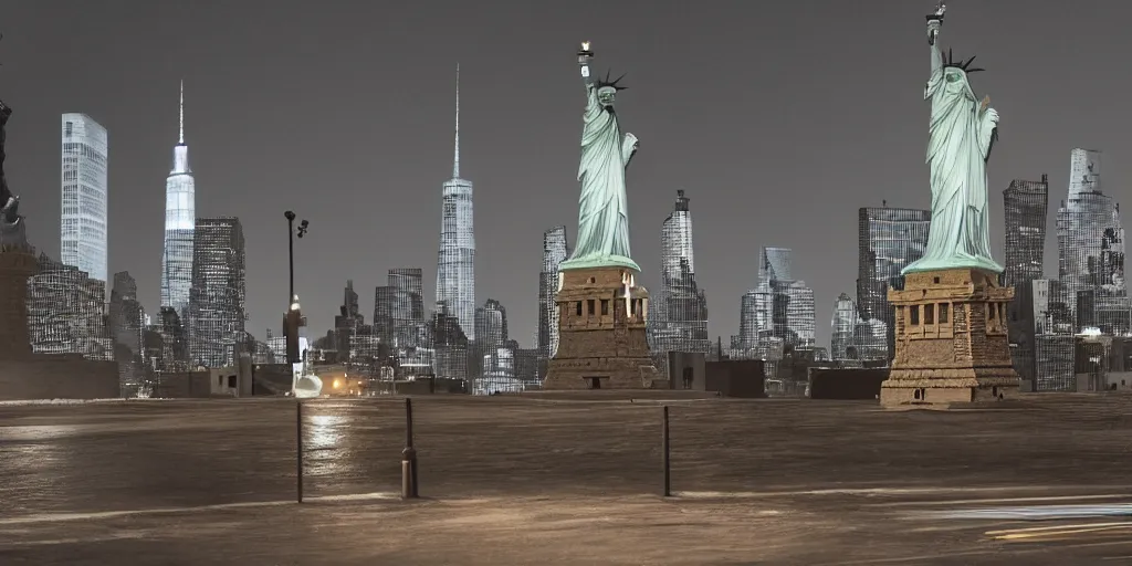 Image similar to a llama walking away from the camera into a desolate manhattan city street at night, statue of liberty seen in the background, realistic 4 k octane beautifully detailed render, 4 k post - processing, highly detailed, detailed face, intricate complexity, epic composition, magical atmosphere, cinematic lighting, masterpiece, ultra hd