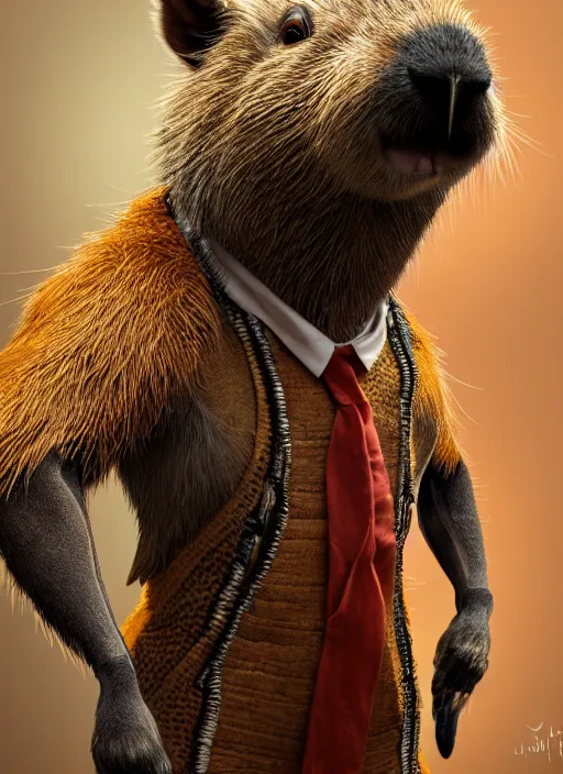 Image similar to detailed full body concept art illustration, oil painting on canvas of an anthropomorphic capybara teacher in full intricate clothing, biomutant, dystopian, micro detail, octane render, 4K