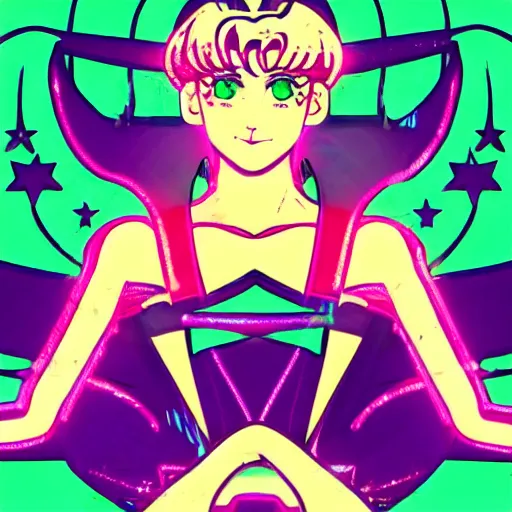 Image similar to portrait of sailor moon with arm tattoos, in the style of cyberpunk on the background of neon signs, symmetrical, single person