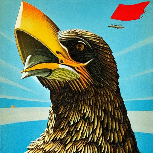 Image similar to a detailed and complex, highly detailed, soviet propaganda poster depicting a dromaius in military uniform. painting by dmitri moor