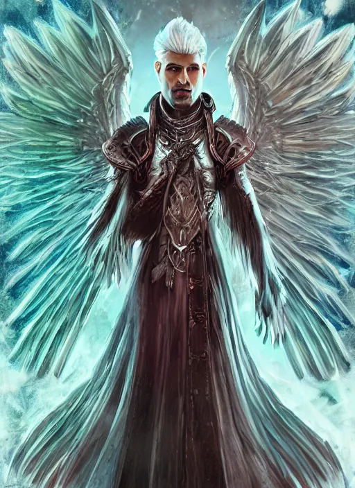 Image similar to An epic fantastic realism comic book style portrait painting of an aasimar hexblade warlock, male, grand angel wings, teal energy, silver hair, short beard, embers flickering, D&D Concept Art, unreal 5, DAZ, hyperrealistic, octane render, cosplay, RPG portrait, dynamic lighting